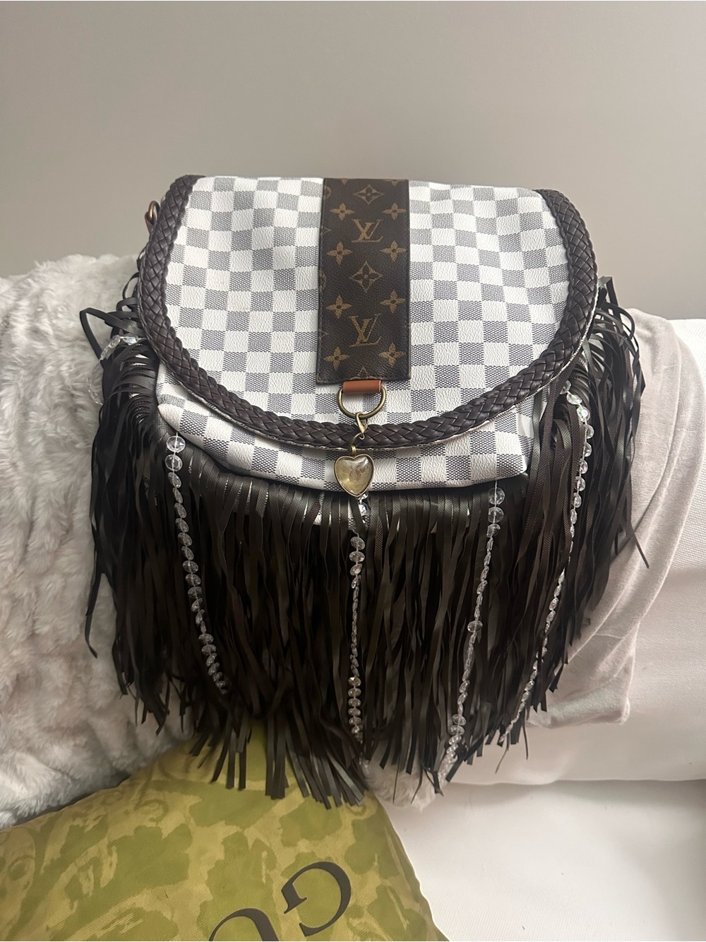 Upcycled lv White Damier & Brown Fringe Crossbody Bag with Crystal Tassels - Picture 2 of 12
